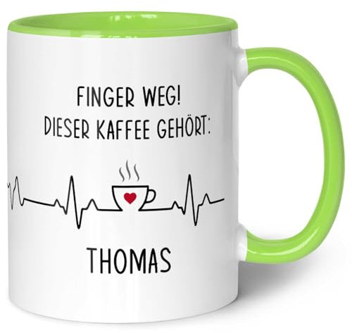Bedruckte Tasse mit Spruch - Finger Weg! - Personalisiert mit Name - Lustige Geschenke für Arbeitskollegen im Büro Arbeit - Geschenk für Sie & Ihn - Spülmaschinenfest - Hellgrün