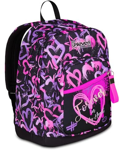 Seven Zaino Doppio Scomparto New Fit, Rosa, Tasca Porta Borraccia, Maxi Capienza, Schienale Preformato, Zaino Scuola, Bambina e Ragazza