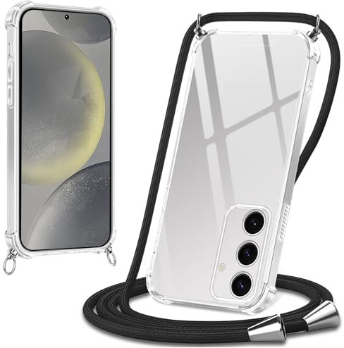 Xylota Coque avec Cordon pour Samsung Galaxy S24, Etui avec Collier Réglable Laniere Tour de Cou Lanière Corde Lanyard, Transparente Silicone Souple TPU + PC Case Antichoc Housse Cover, Noir