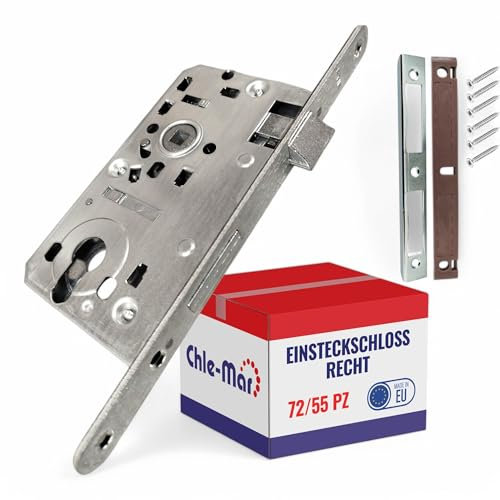 Chle-Mar - Einsteckschloss 72/55 - Rechts | Zimmertürschloss für Innen- & Außentüren | Robustes Türschloss für Haustür, Garagentor & Gartenhaus | Schlosskasten mit Montagematerial Komplettset