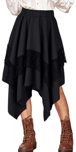 SEAUR Damkjol med elastisk midja spetskjol fekostym dubbelskiktad medelålder för viktoriansk XS-2XL, svart, M