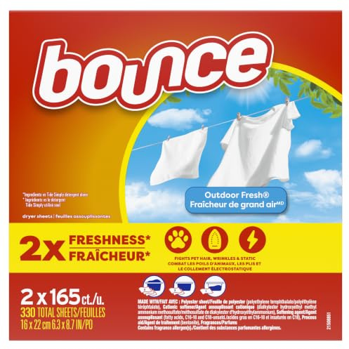 Bounce Toallitas de secado – 330 unidades de hojas de secado al aire libre para secadora · Reduce la electricidad estática · suaviza la ropa