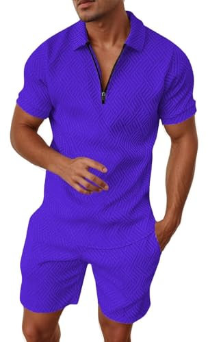 Tuta Uomo Sportiva Maniche Corte Cerniera T-Shirt e Pantaloncini Estiva 2 Pezzi Set Completo (Purple-c, XXXL)