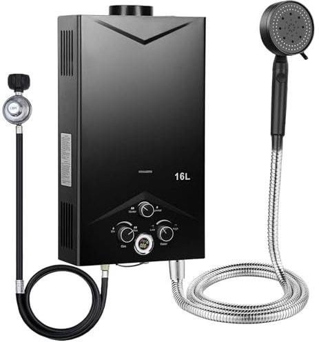 Chauffe-eau à Gaz 16L Portable sans Réservoir, Chauffe-eau Instantané au Propane avec Affichage Numérique, Chauffe-eau Camping RV Voyage, Protection Multi-sécurité (Noir)