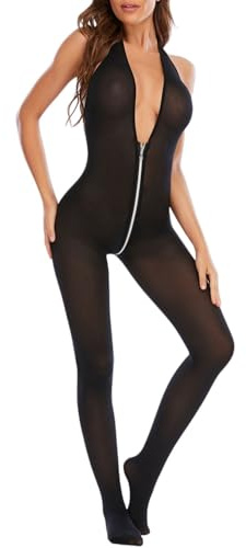 ROSVAJFY Damen Sexy Bodystocking Catsuit Reißverschluss Transparentem Netz Body Neckholder Tiefem V-Ausschnitt Bodysuit Strumpfhose Unterwäsche Frauen Spitzen Dessous Einteiliger Jumpsuit Nachtwäsche