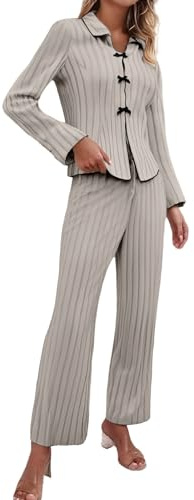 Uwdiohq A Coste per Donna, con Scollo V, Manica Lunga, Pantaloni Lunghi E Comodi Abbinati. Maglione Pile Pesante Pigiama Donna Cotone Leggero Lungo XL Maglina di Autunno Comodo Pigiami da