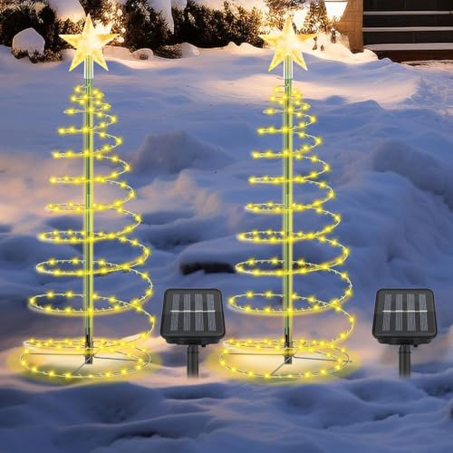 Gobesty Weihnachtsbaum Außen, 2 Stück Solar Wetterfest Tannenbaum, Weinachtsbeleuchtung LED Draußen, Weihnachtsdeko Outdoor Solar für Gärten, Terrassen (Warmweiß)