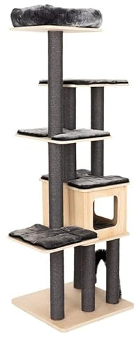 Modern Living Kratzbaum Chelsea | Stylischer Kratzbaum in kontrastreichem Design | helles Holz & dunkle Bezüge/Stämme | gemütliches Häuschen & Kuschelbett | Lange Kratzstämme | Höhe: 185 cm