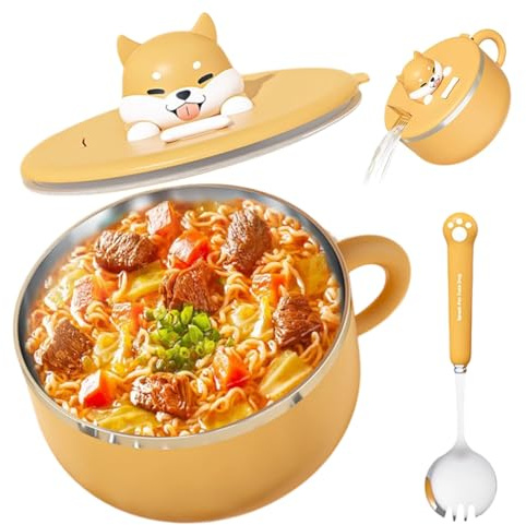 Instant-Nudeln Schüssel,Instant Ramen-Schüssel,Edelstahl Nudelschüssel 1200ml mit Deckel und Löffel,Wärmedämmung, Abdichtung fur Suppe Nudeln Knödel Salate