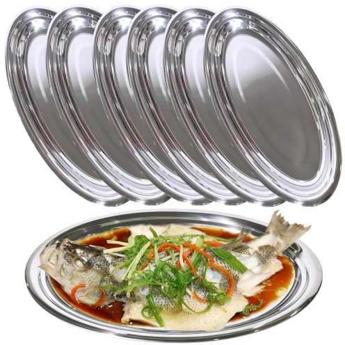 YQGQSUAK 6-Piece Stainless Steel Oval Platter Set, 13.8-Inch, Large Silver | Heavy Duty, Sizzling Platter, For Party, Buffet, BBQ, Seafood, Dinner
