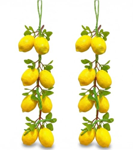 2 Pcs Artificial Lemon String Lifelike Faux Lemon Garland with Green Leaves Yellow Fake Fruit Branches for Farmhouse Kitchen Table Centerpiece Realistic Lemon Decor for Spring Summer Home Decoration