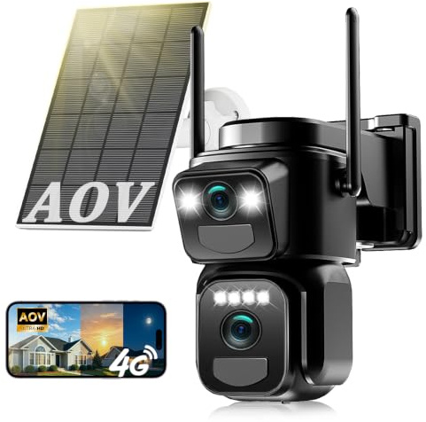 4K Telecamera da Esterno Senza Fili con SIM 4G LTE,con Pannello Solare | Doppio Obiettivo,AOV 24/7,Audio Bidirezionale,Videocamera Sorveglianza,Visione Notturna a Colori,Rilevamento Umano PIR,IP66