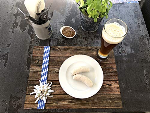 Tischsets I Platzsets - Edelweis mit Weiss blauem Band auf dunklem Tisch- 12 Stück in hochwertiger Aufbewahrungsmappe