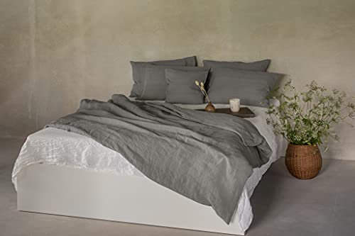 Ger3as Leinen Bettwäsche Set 100% Natur Leinen Stonewashed, Naturfaser Leinen, mit Hotelverschluss (Grau, 135 x 200 cm, 40 x 80 cm)