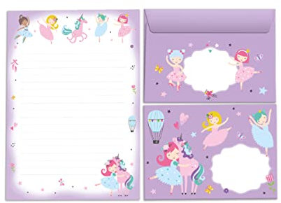 Briefpapier-Set für Mädchen Ballerina Ballerinen Balletttänzerin mit Einhorn Briefblock mit Umschlag für Kinder (Block A5 mit 25 Blätter + 15 Umschläge)