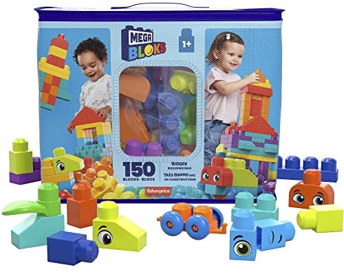 MEGA HHM96 - MEGA BLOKS Bausteinebeutel Deluxe, 150 große und farbenfrohe Bausteine mit einer Aufbewahrungstasche, Konstruktionsspielzeug, Spielzeug-Geschenkset für Kinder ab 1 Jahr