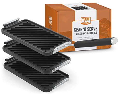 Yukon Glory SEAR 'N SERVE Cast Iron Grill Pan Set - Includes 3 Cast Iron Grilling Baskets & Clip-On Handle - Ideal for Stove Tops or Outdoor Grills