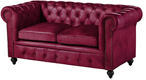 MASSIVMOEBEL24.DE | Chesterfield Sofa 2-Sitzer aus Echtleder #402 | aus echtem Büffel-Leder - Rot | 158x82x75 cm | mit Nieten | Couch Polstercouch 2er Sitzer