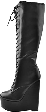 Only maker Damen Schnürstiefel Plateau Keilstiefel mit Reißverschluss Langschaft Schwarz Long Boots Lederoptik 40 EU