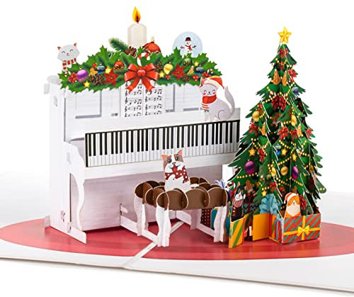 LIMAH® Pop-Up 3D Weihnachten- Weihnachtskarte mit einem Piano, süßen Katzen und einem Weihnachtsbaum– passend zum Gutschein oder Geldgeschenk – für Frau, Mann und Pianisten- Klavier und Tannenbaum