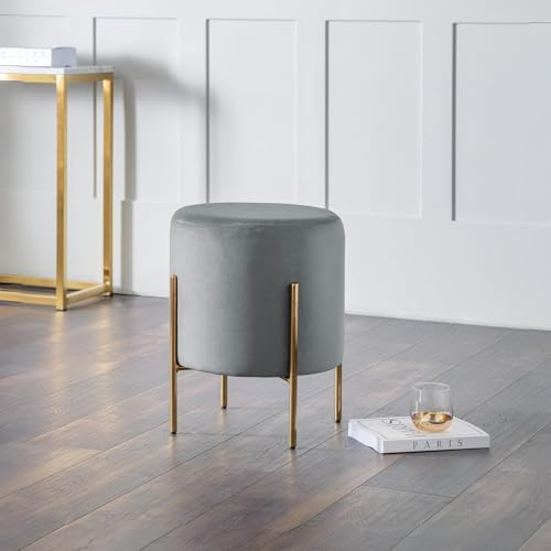 Julian Bowen Harrogate Dressing Stool, Round, Grey Velvet - H49 x W39cm | Modern Vanity Stool for Bedroom, Soft Velvet Upholstered, Slick Gold Brushed Legs, Minimalist Design