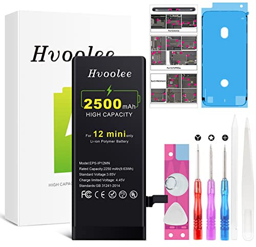 Hvoolee Batteria per iPhone 12 Mini di Ricambio, [2500mAh] Li-Ion Polymer Batteria ad Alta Capacità aggiornata con kit di strumenti di riparazione professionale completo