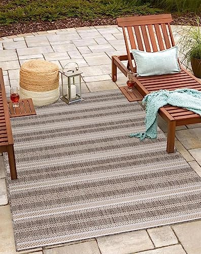 Teppium Outdoor Teppich Wetterfest 300x400 (280 x 370 cm) Beige Sisal Optik - Küchenteppich Waschbar, Wasserfest, Streifen Design, Pflegeleicht - Ideal für Balkon, Terassen, Garten, Camping oder Küche