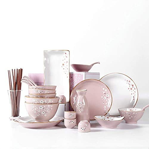 Geschirr-Set, 36-teilig, rosa Kirschblüten-Keramik-Geschirr-Set, Porzellan-Teller und Schüssel-Kombination