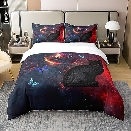 Brennende Rose 100% Natürliche Baumwolle Bettbezug für Valentinstag,Schwarz Katze Bettwäsche Set 220x240,Bohemia Lila und Blau Schmetterlinge Bettbezug,Retro Schwarz Rot Pastal Bett mit 2 Kissenbezüge