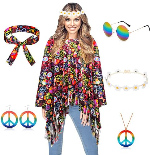 YODITI Hippie - Set da donna con poncho hippie, set da donna con accessori hippie anni '60 anni '70, costume da carnevale da donna, abbigliamento hippie, abbigliamento da discoteca