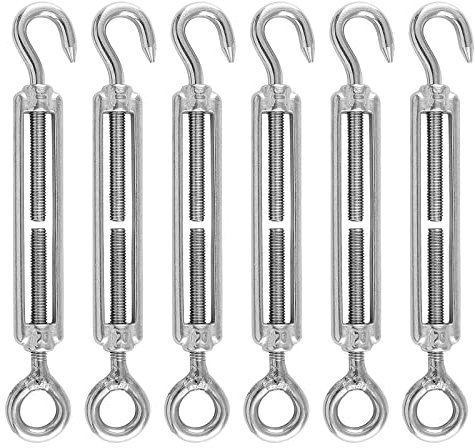 Tenditori per funi M4, 6 pezzi in acciaio inox 304, ganci regolabili OC, ganci per tende da sole, corda o filo per stendibiancheria (argento)