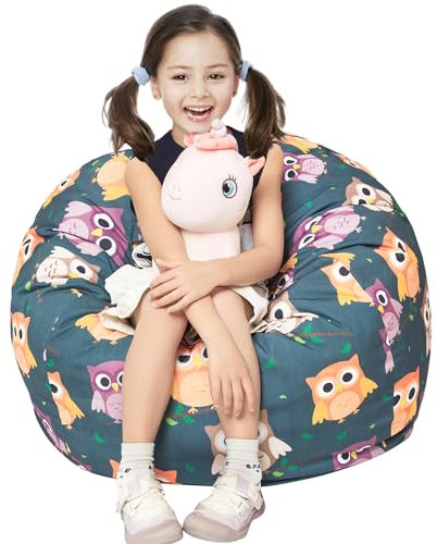 Round Bean Bag Cover Only without Filling, Large Stuffed Animal Bean Bag Storage, Bean Bag Chair Cover, Beanbag Covers with no Filling for Kids and Teens (Owl, Large)