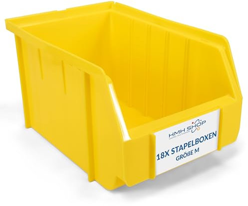 HMH Stapelboxen der Größe M 230x150x130mm für dein Kleinteilelager Sichtlagerkästen in 5 Farben Zubehör wie Deckel Trennsteg Etikett Wandschiene Sortierkisten (Gelb, 18 Stück)