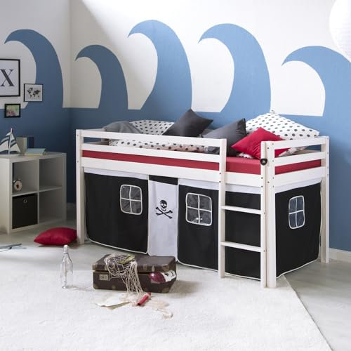 Homestyle4u Kinderhochbett Pirat weiß schwarz 90 x 200 cm Holz Kinderbett mit Leiter Matratze Lattenrost