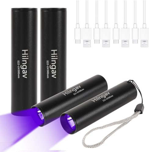 4 Pack Rechargeable Black Flashlight Small UV Black Flash Light 395 NM 365 NM Mini Blacklight Flashlights USB C Charging LED Handheld Torch for Pet Dog Urine Resin Curing Fluorescent Detection