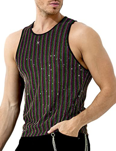 Casey Kevin Glitzer Tank Top Herren Pailletten Hemd Shirt Metallic Glänzend Ärmelloses Oberteil Streetstyle Disco Party Clubwear Herren, L