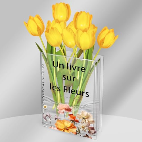 Buchvase für Blumen – Acryl-Blumenvase, klare Buchvase für Bücherregal, Dekoration, Zuhause, Schlafzimmer, Büro, einzigartige, moderne dekorative Tafelaufsatz, Un Livre sur les Fleurs Schild