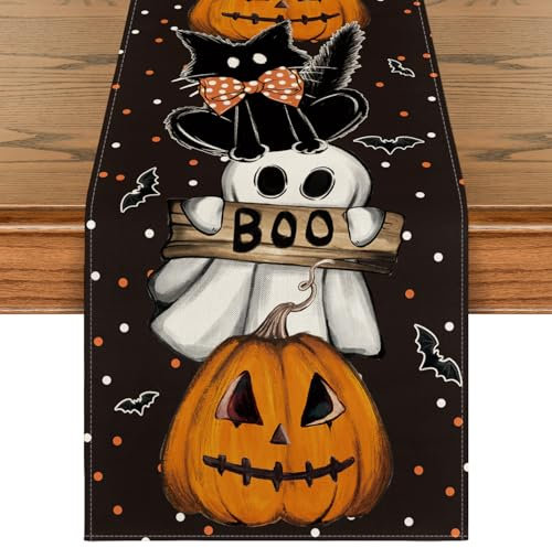 Artoid Mode Polka Dot Ghost Kürbisse Katze Boo Halloween Tischläufer, Saisonnal Herbst Küche Tisch Drinnen Urlaub Party Dekor 40x140 cm