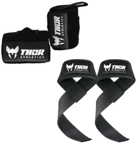 Thor Athletics Lifting Straps + Wrist Wraps 60cm (Flexibel) - Kombi-Bundle - Krafttraining Zubehör - Powerlifting Straps - Handgelenkstütze - Inklusive E-Book (Schwarz)