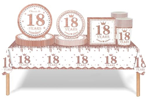 Rose Gold 18th Birthday Decorations - 69pcs Tableware Set for Her, Includes Tablecloth, Plates, Napkins, and Cups