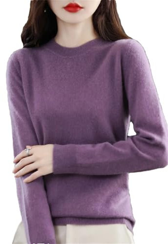 Maglione da donna in 100% lana merino, tinta unita, a girocollo, a maniche lunghe, morbido, Viola, L