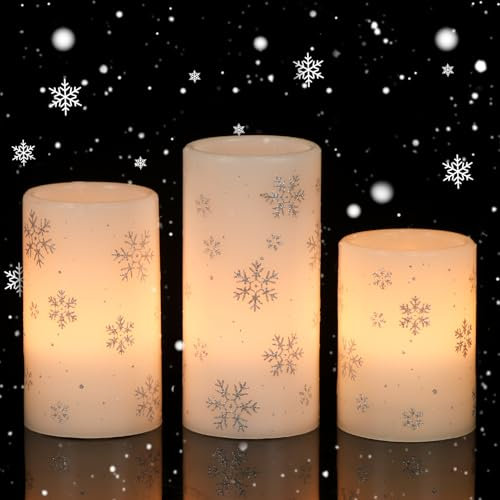 Eldnacele Schneeflocken LED Kerzen mit 6-Stunden-Timer, batteriebetriebene flammenlose Säulenkerzen aus echtem Wachs, 3er Set (7,5x10/12,5/15 cm) für Weihnachtsdekoration