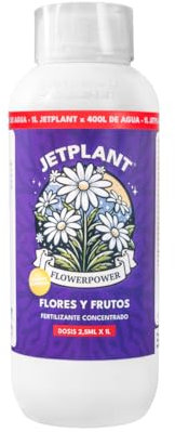 Jetplant FlowerPower Fertilizante Líquido Concentrado potenciador Flores y Frutos – 1L Rinde 400L, Alto en Potasio, NP 4-8 + 19% Carbono Orgánico. Ideal para Jardín, Huerto y Frutales, Sin Residuo
