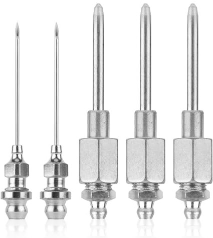5pcs Grease Gun Needle Nozzle Kit, 3 Grease Gun Needle Dispensers & 2 Injector Needles Stainless Steel Grease Gun Nozzle Adapter Tip Fitting Tool for Narrow Space & Deep Hole Metal Accessories Set