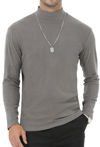 Tyhengta Mens Long Sleeve Thermal T-Shirt Fleece Winter Tops Turtleneck Pullover Stretch Gym Tops Baselayer Grey, XL