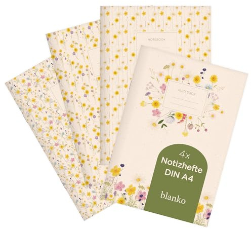 etmamu 1035 4er-Set Notizheft A4 | Wiesenblumen Muster Aquarell | für Notizen, Skizzen, Bullet Journal & Planungen | blanko
