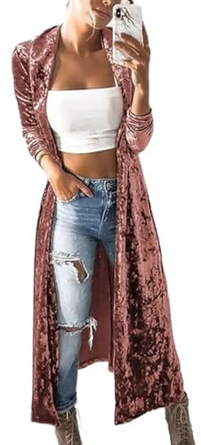 RICOCHO Long Velvet Cardigan Women's Long Velvet Cardigan Duster Long Sleeve Velvet Duster Kimono Coat