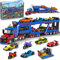CUBIMANA City Autotransporter mit 7 Technik Autos Baukasten - Verstellbarer Laderampe Transport Truck mit Sportwagen Motorräder Baustein Transporter Spielzeug Geschenke für Kinder Jungen 8-14 Jahren