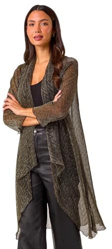 Roman Originals Women's Mesh Sheer Longline Kimono - Ladies Fashion Cover ups for Formal Fancy Casual Everyday Work Evening Dinners Party Christmas New Years Occasions - Gold - Size 12