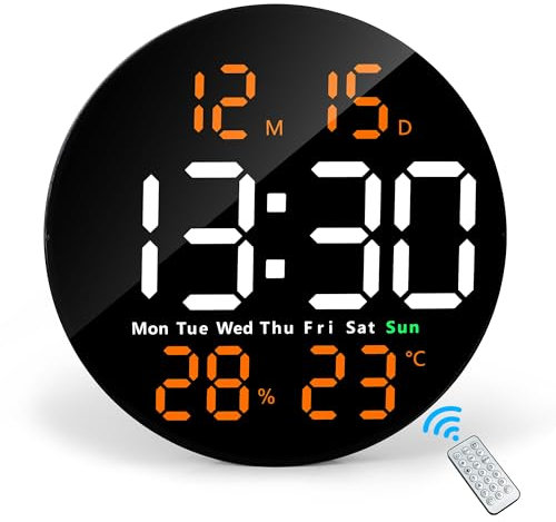Lafocuse 25CM Wanduhr Digital LED Groß Rund, Elektronischer Wandkalender ohne Tickgeräusch mit Fernbedienung, Temperatur, Datum, Countdown, 2 Alarme für Dekor Wohnzimmer Büro Fitnessstudio, Orange